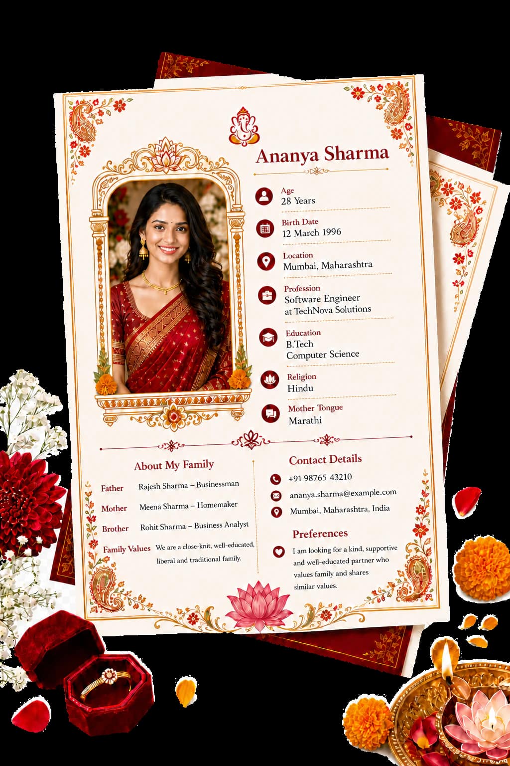 A Hindu marriage biodata sample with a traditional jharokha portrait frame and floral stationery