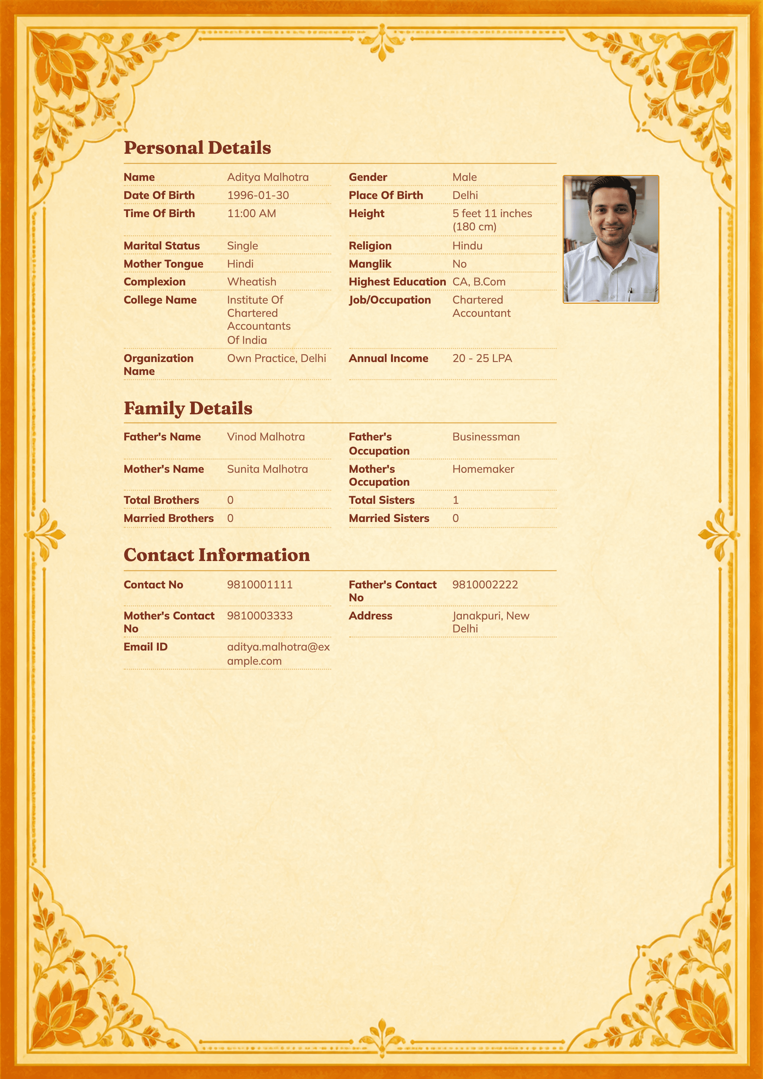 Aditya Malhotra · 30 · Chartered Accountant · Delhi · Kesar