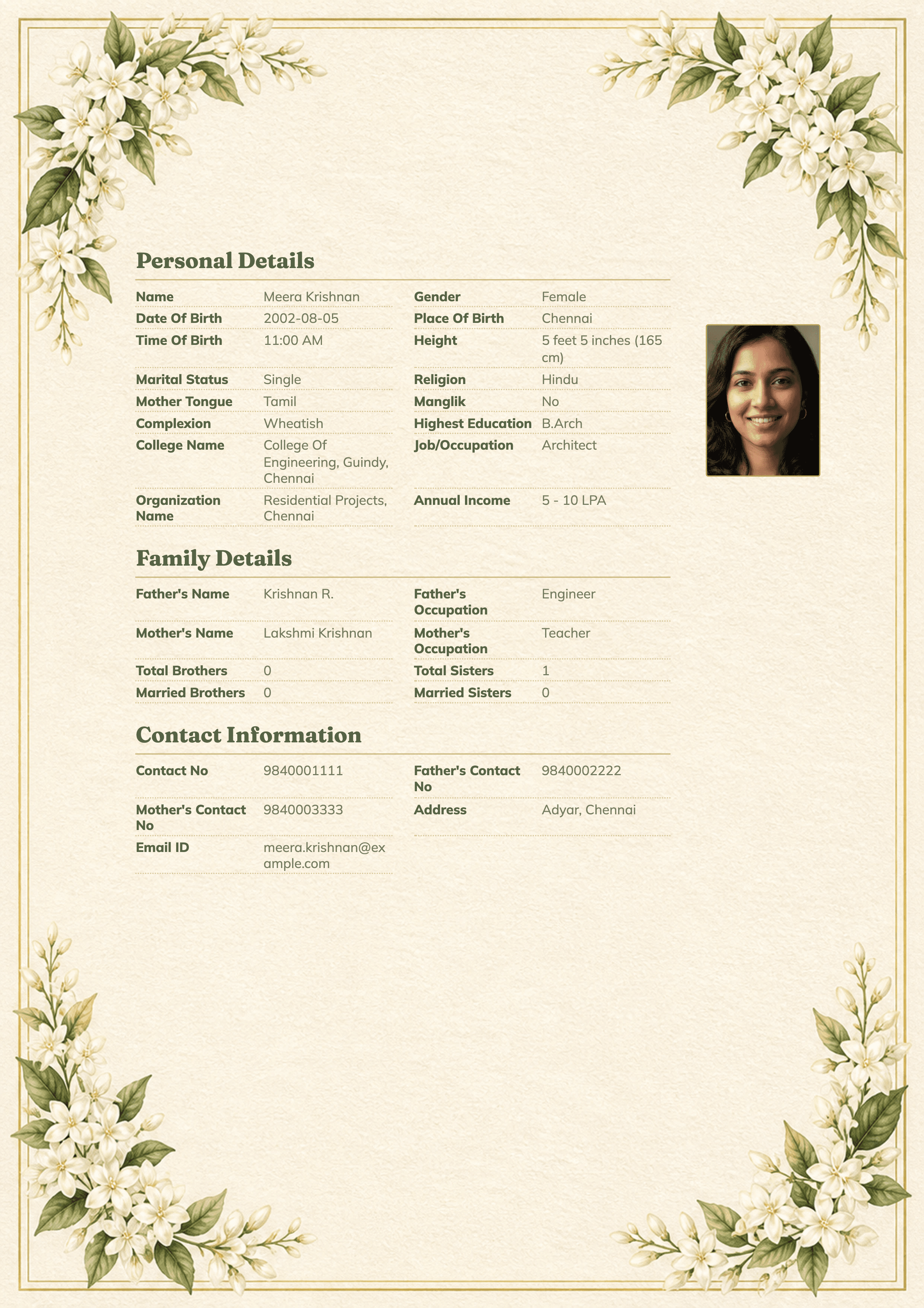 Meera Krishnan · 24 · Architect · Chennai · Mogra