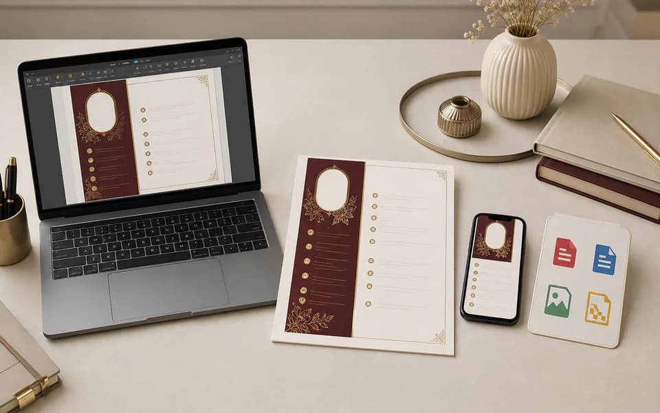 The same marriage biodata shown on a laptop, printed page, phone, and file-format cards