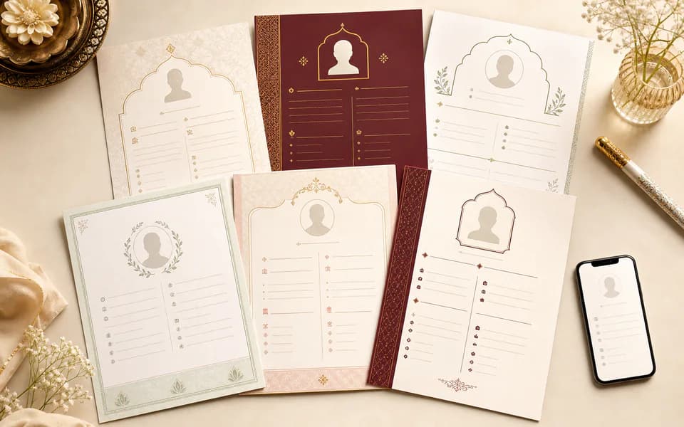 Six distinct marriage biodata sample layouts arranged beside a phone