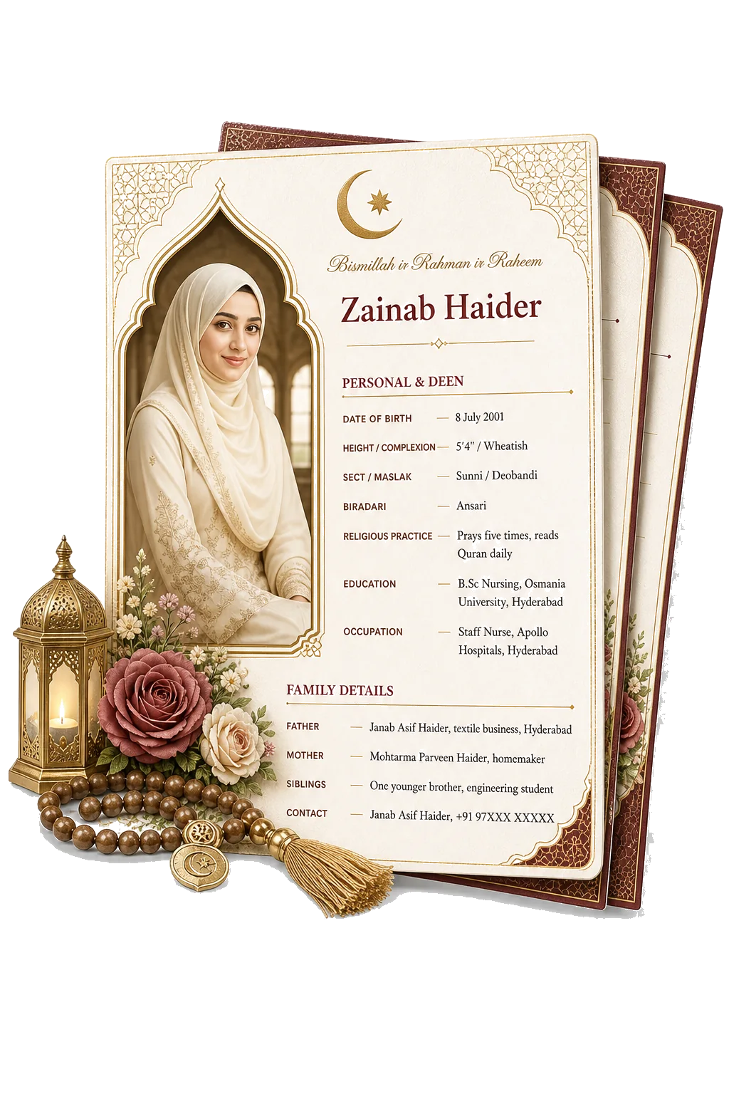 Muslim marriage biodata example with a woman’s portrait, Bismillah header, maroon-and-gold borders, lantern, and prayer beads