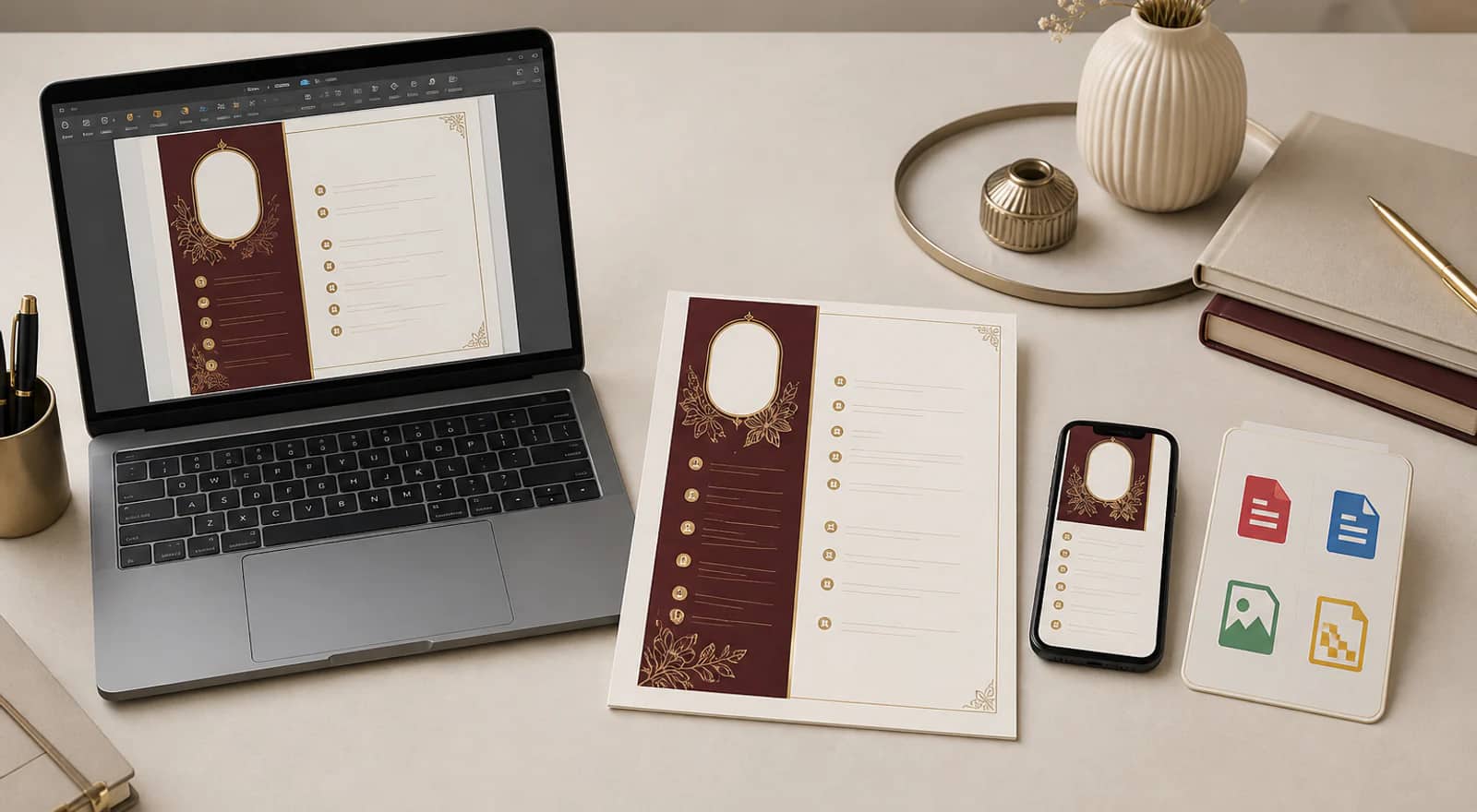 The same marriage biodata shown on a laptop, printed page, phone, and file-format cards