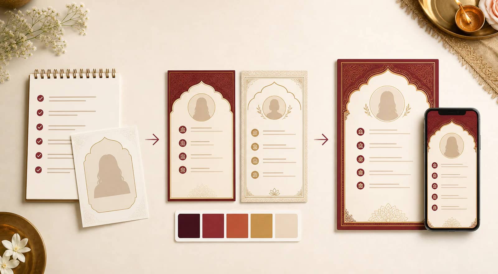 Three-step marriage biodata process from checklist to design and phone-ready page