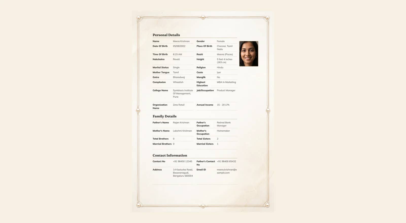 The finished biodata preview showing a cropped portrait beside the personal details