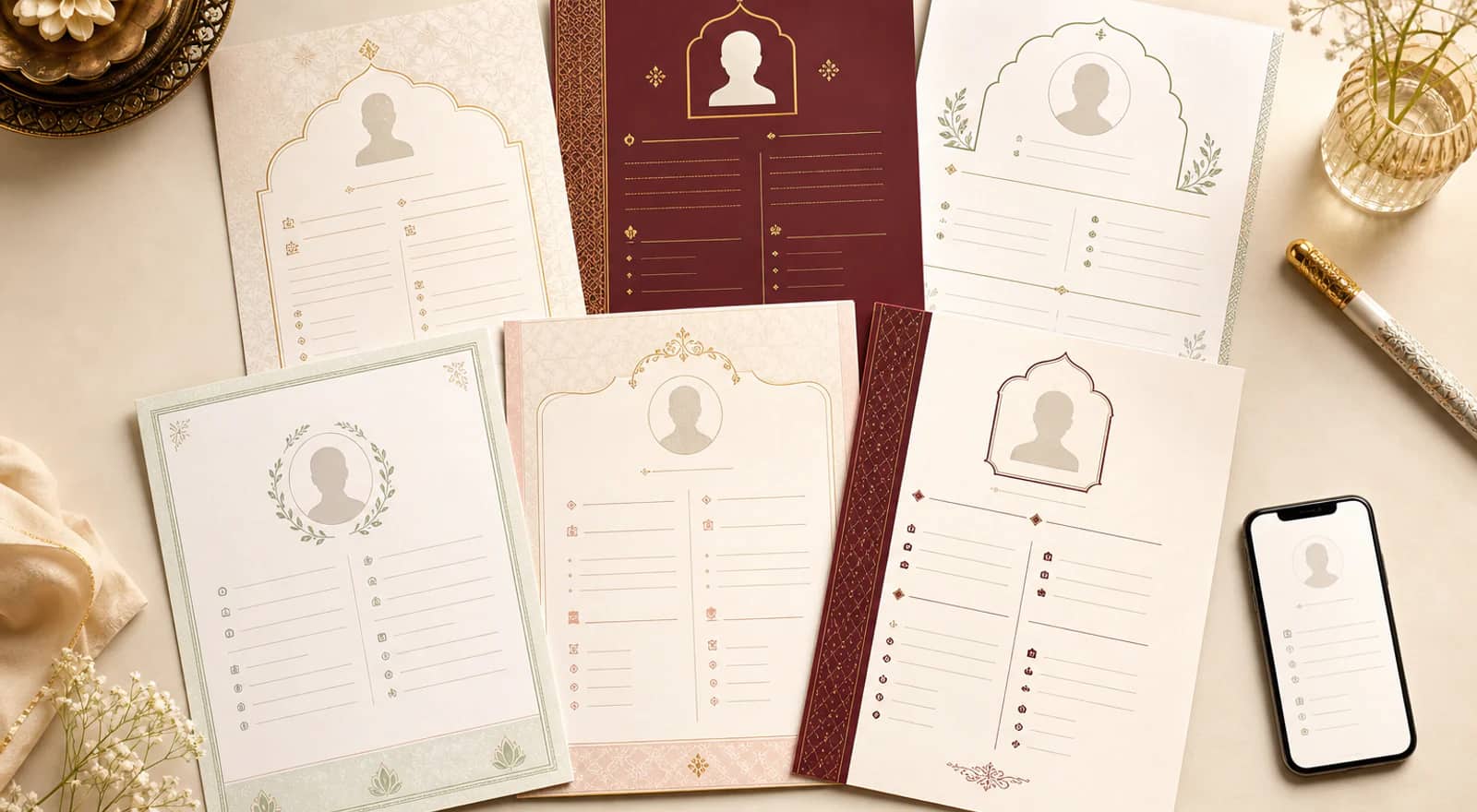 Six distinct marriage biodata sample layouts arranged beside a phone