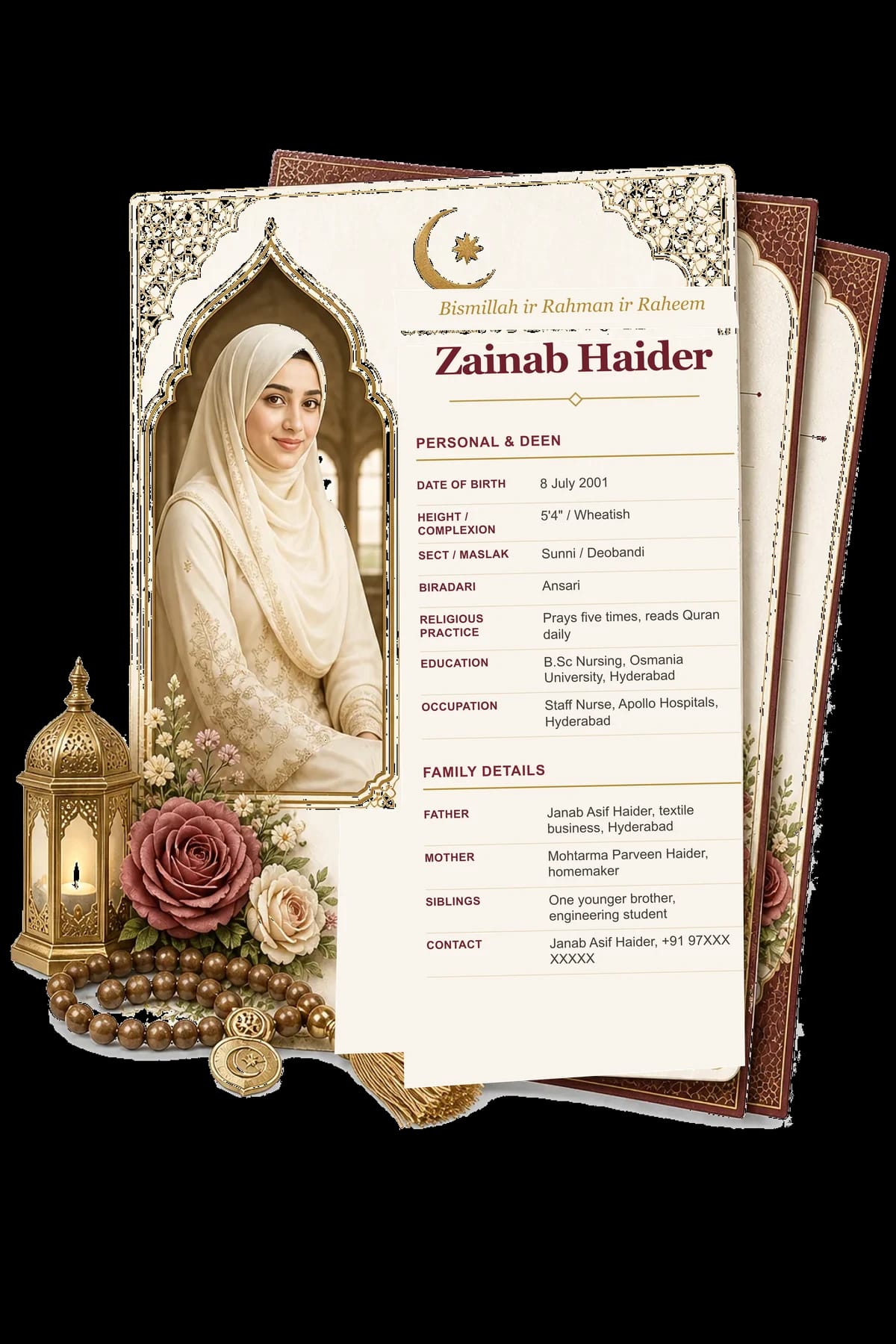Muslim marriage biodata example with a woman’s portrait, Bismillah header, maroon-and-gold borders, lantern, and prayer beads