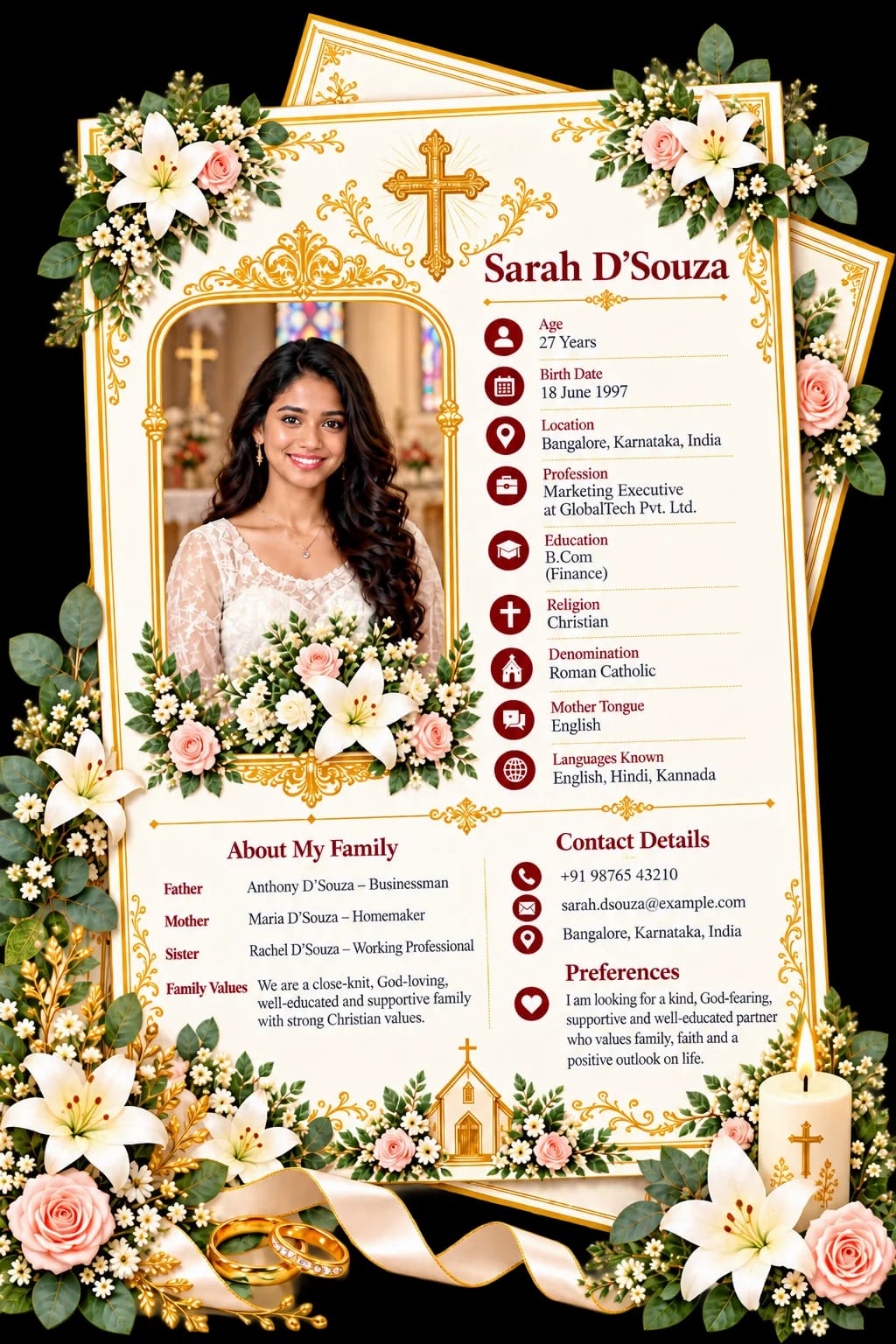 Ornate Christian marriage biodata example card with a woman’s portrait in a church, a gold cross, lilies, candles, and Roman Catholic denomination details
